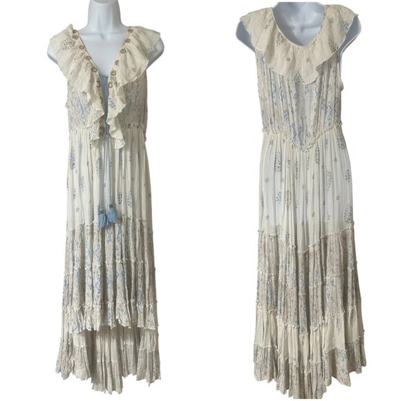 Ranees Empire Metallic Embellished Tiered High Low Maxi Dress L Resortwear Boho - Picture 1 of 15
